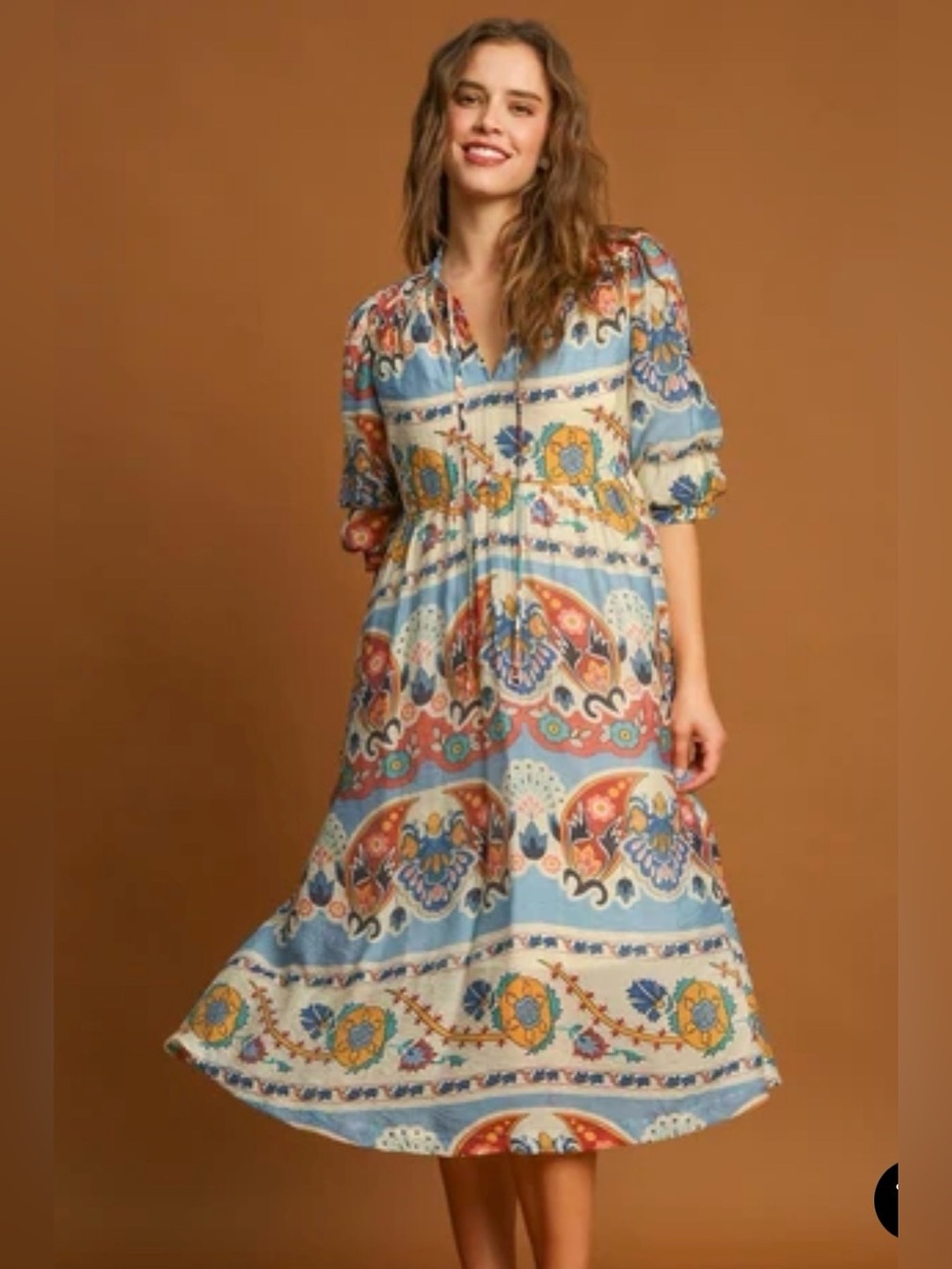 Umgee Blue Mix Border Print Midi Dress